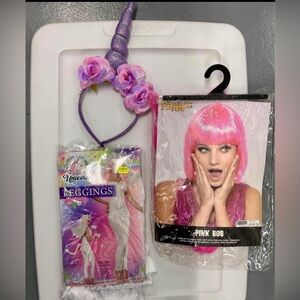 Unicorn Headband Set with white pants and Pink Bob Wig Halloween Costume